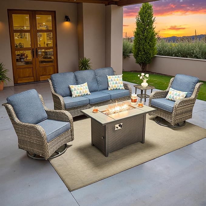 ovios 5-Piece Patio Furniture Set with Swivel Chairs Coffee Table, Outdoor Wicker Sofa with 42" Fire Pit Table, High Back Couch Modern Conversation Sets, Grey/Denim Blue