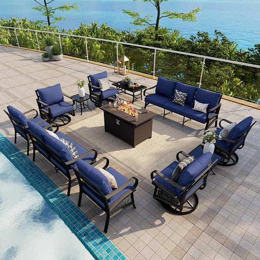 12-Piece Outdoor Furniture Set, Metal Swivel Rocking Chairs with All-Weather Cushions, Patio Conversation Set with Fire Pit Table for Deck, Porch, Garden, Backyard, Poolside (Blue Cushions)