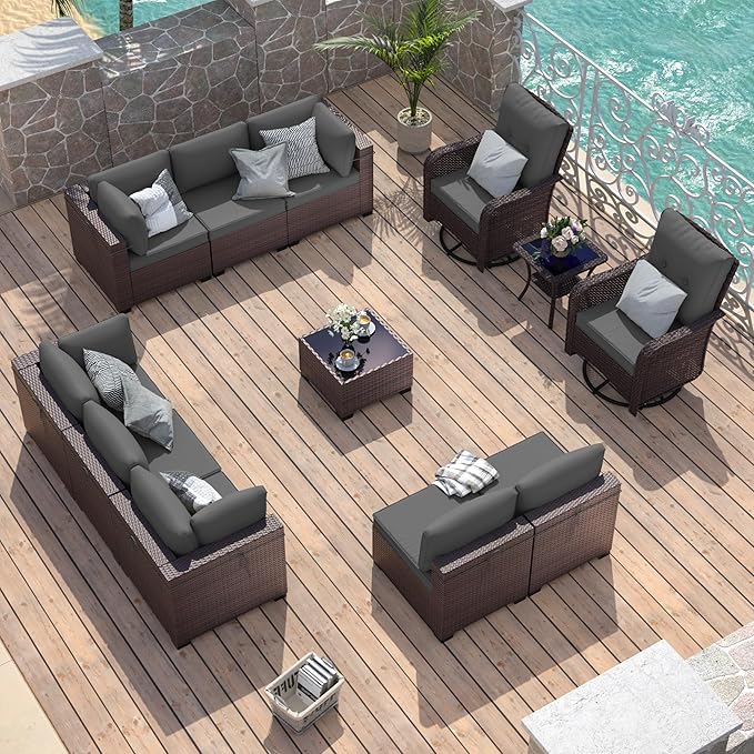 ALAULM 12 Pieces Patio Furniture Set with 2 Swivel Chairs Wicker Patio Conversation Set, Outdoor Sectional Furniture w/Coffee Table & Washable Seat Cushions-Grey