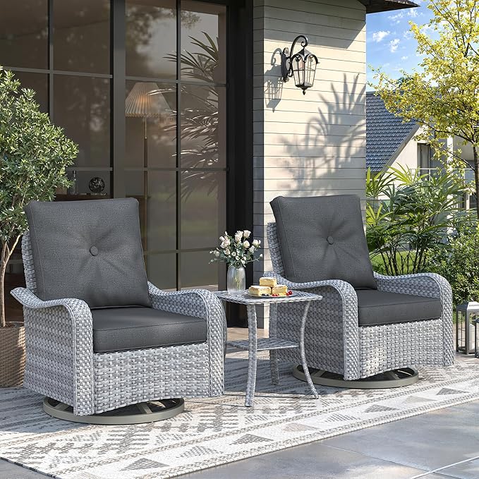 3 Piece Wicker Patio Furniture Set, Swivel Rocking Chairs with 4''Cushions, PE Rattan, Rust Resistant Frame, Double Layer Glass Side Table, for Backyard, Deck or Balcony, Black