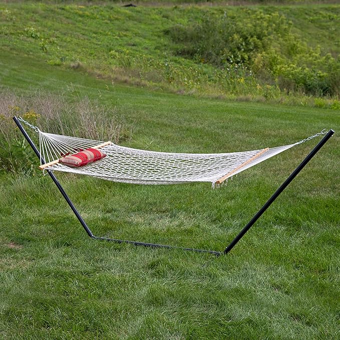 Sunnydaze Rope Hammock with Stand for Outside- 275-Pound Capacity - Includes 12-Foot Hammock Stand, Spreader Bar, Pad, and Pillow - Green Stripe