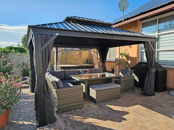 PURPLE LEAF 11' X 14' Hardtop Gazebo with Galvanized Steel Double Roof Outdoor Gazebo for Patio Lawn and Garden Curtains and Netting Included Grey