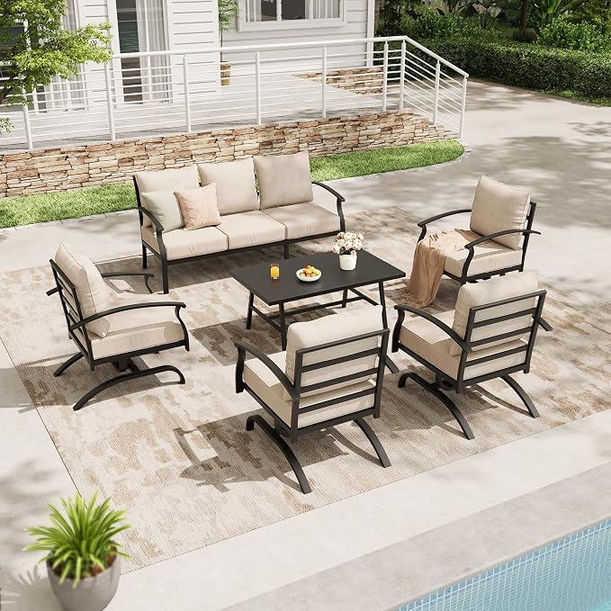 Metal Patio Furniture Set,6 Pieces 7 Seats Patio Sectional Outdoor Furniture Set with Rectangular Coffee Table,Patio Conversation Sets with 5.1" Thickened Cushions,Sand