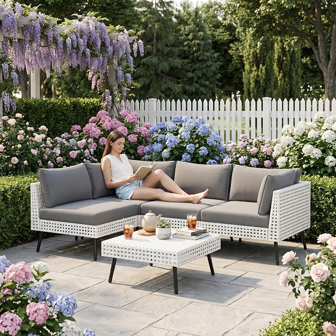 Vikiullf 5-Pieces Patio Sectional Sofa Set, White Wicker Outdoor Furniture with 4" High-Density Cushions, Deep Seating Conversation Set with Coffee Table, for Backyard, Poolside, Garden
