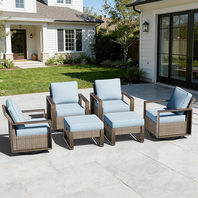 6 Pieces Metal Wicker Patio Furniture Set - Four Swivel Chairs and Two Ottomans, All Weather Rattan Outdoor Conversation Furniture with Washable Cushion for Deck Porch, Baby Blue