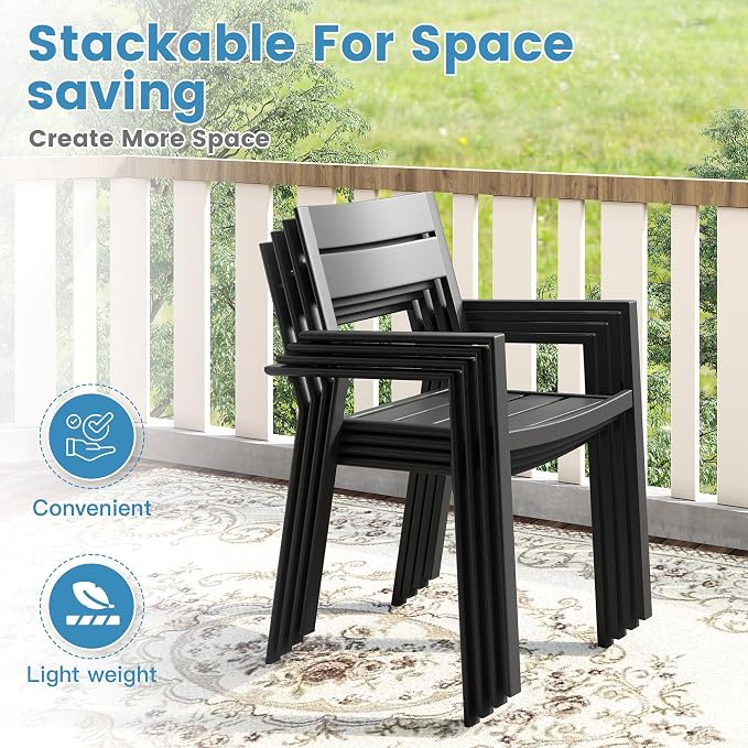 DIFY 5 Piece Outdoor Patio Dining Set for 4, Patio Table and Chairs Set with Umbrella Hole, 37.8" Square Dining Table and Stackable Metal Chairs for Backyard Garden Poolside, Black