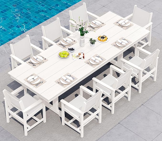 SERWALL 9 Piece Outdoor Dining Set, 84" HDPE Outdoor Large Table and Textilene Sling Chairs for 8，All Weather Patio Dining Furniture Set with Umbrella Hole for Backyard, Garden, White