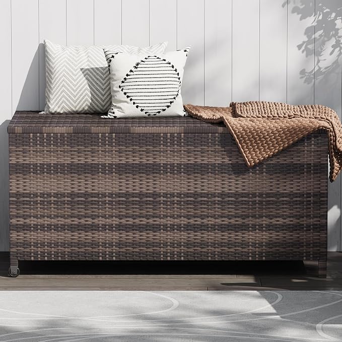 125 Gallon Outdoor Deck Box with Wheels, Waterproof PE Wicker Rattan & Aluminum Frame Storage Bin for Patio Cushions, Garden Tools, Pool Toys, Lockable Patio Furniture(Brown)