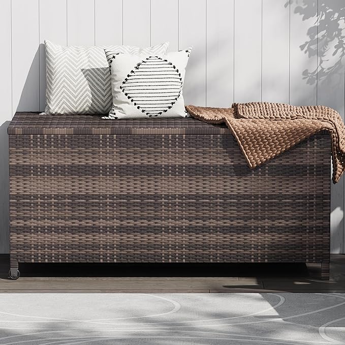 Litake Large 125 Gallon Outdoor Deck Storage Box with Wheels & Handles – Heavy Duty Waterproof PE Rattan Chest – Weatherproof Patio, Garden, Poolside Organizer –Brown