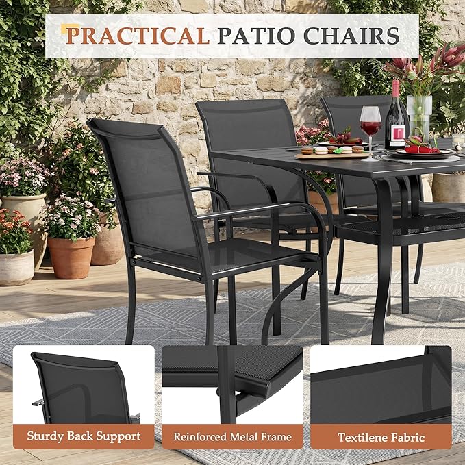 SUNCROWN 7 - Piece Outdoor Dining Set, Patio Furniture Set with 6 x Textilene Dinning Chairs and 1 Steel Slat Metal Bistro Table for Lawn Garden Backyard Deck, Black