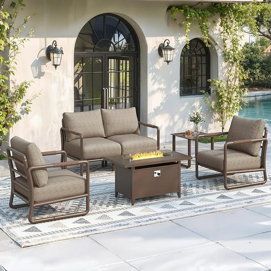 Outdoor Aluminum Patio Furniture Set with 43" Fire Pit Table,4-Seat Outdoor Conversation Set with 6.5" Thick Cushions & Coffee Table, All-Weather Patio Set for Backyard，Brown