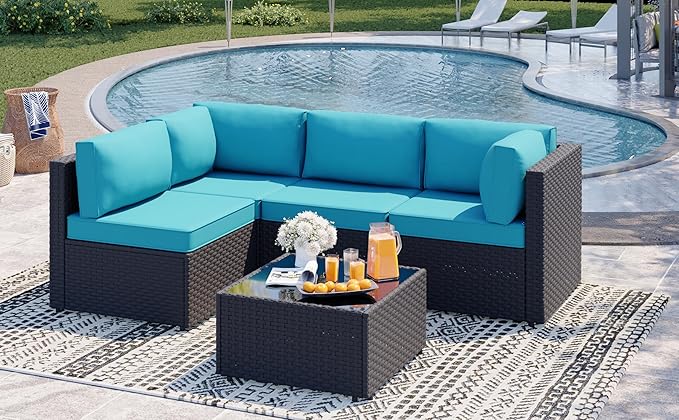 SUNLEI Outdoor Patio Furniture Set 5 Pcs, Rattan Balcony Furniture with Backrest Glass Table & Washable Cushions Small Conversation Patio Set with Sectional Design (Black/Blue)
