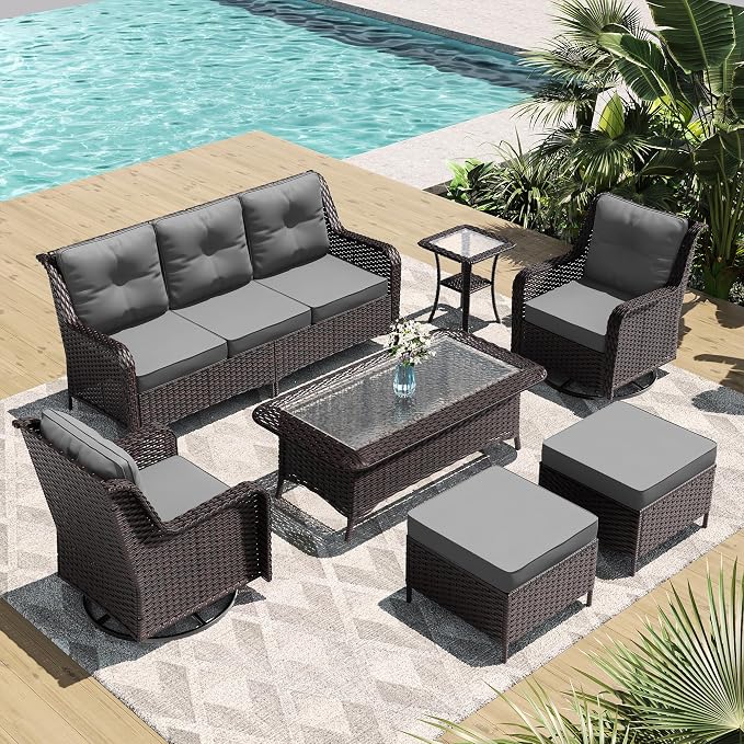 ALAULM 7 Pieces Patio Furniture Set,High Back Wicker Outdoor Sectional Furniture Set with Swivel Chairs & Coffee Table, Patio Conversation Set Thick Cushion for Backyard, Deck, Porch-Grey