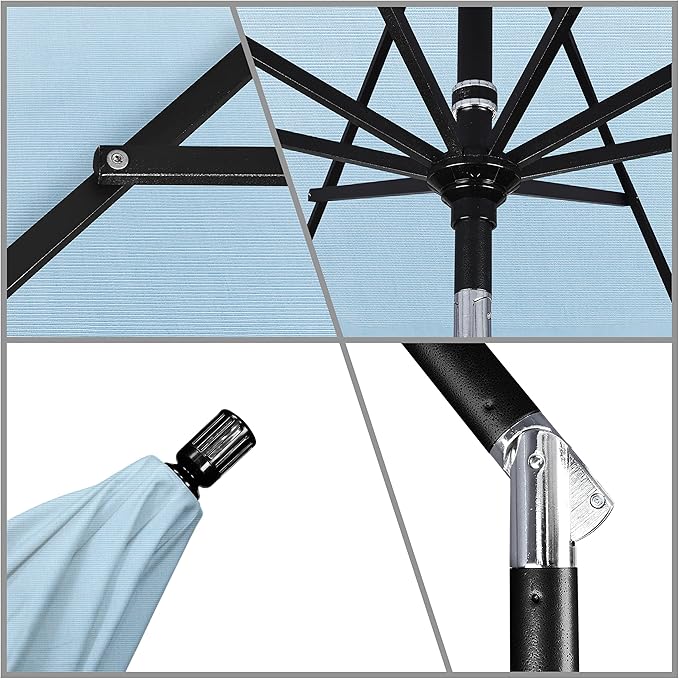California Umbrella 11Ft Premium Sunbrella Patio Umbrella, Hand-Crank, Tilt-Collar, Black Frame, Air Blue Fabric