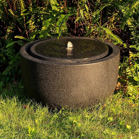 12.60” H Outdoor Water Fountain Made with Eco-Friendly Recyclable Materials, Polyethylene Round Bubbler Water Fountain Outdoor, Garden Decor with LED Light for Patio, Porch, Backyard (12.60")