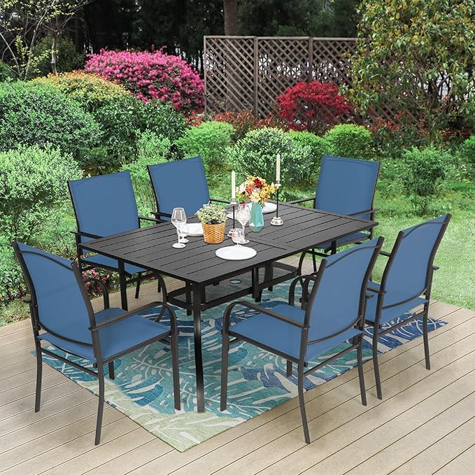 7-Piece Patio Dining Set,6 Person Outdoor Table and Chairs Set, 6 Metal Dining Chairs and Rectangular Outdoor Table with 1.57" Umbrella Hole,Blue