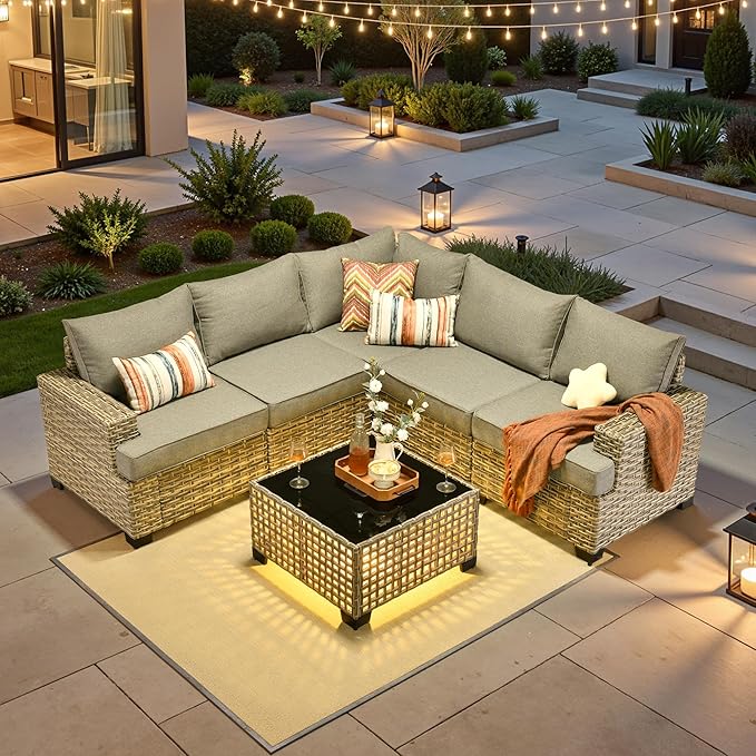 ovios 6 Piece Patio Sectional Furniture, Rattan Wicker Coversation Couch Set, Outdoor Sofa Set for Outside Porch Balcony Backyard Pool,Dark Grey