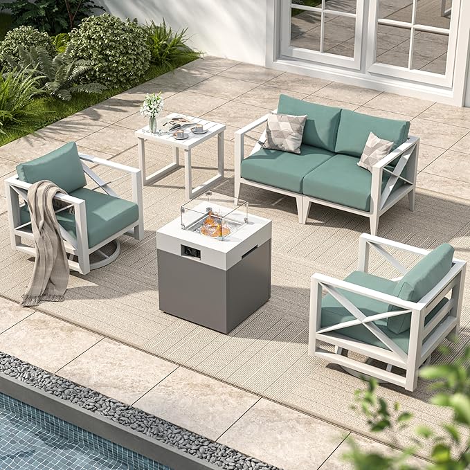 MBY Aluminum Patio Furniture Set with Fire Pit Table, 6-Piece All-Weather Outdoor Conversation Set with Swivel Rocking Chairs, Oversized Modern Sofa for Backyard,Deck,Balcony–White