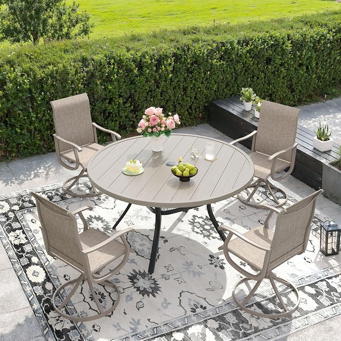 DIFY Outdoor Dining Set for 4, 5 Piece Patio Table and Chairs Set, Swivel Patio Chairs with Sandshell Textilene & 47.2" Grey Wood-Like Round Metal Dining Table with Umbrella Hole, for Garden Backyard