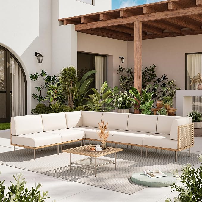 LAUSAINT HOME 7-Piece Outdoor Patio Furniture Set, Wicker Outdoor Conversation Set PE Rattan Sectional Sofa with Washable Cushions and Tempered Glass Table for Garden (Beige)