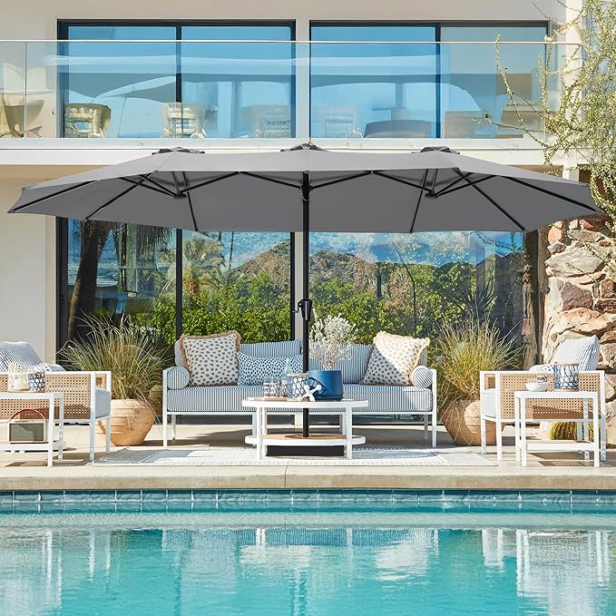 SUPERJARE 15FT Outdoor Patio Umbrella with Base Included, Double Sided Pool Umbrellas with Fade Resistant Canopy, Extra-Large Table Umbrella for Deck, Market, Backyard, Gray
