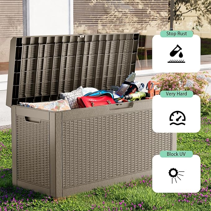 EasyUp 70 Gallon Outdoor Storage Box, Outdoor Deck Boxes for Garden Tools Equipment,Cushions and Patio Storage,Lockable and Resin,Easy to Install(Grey)
