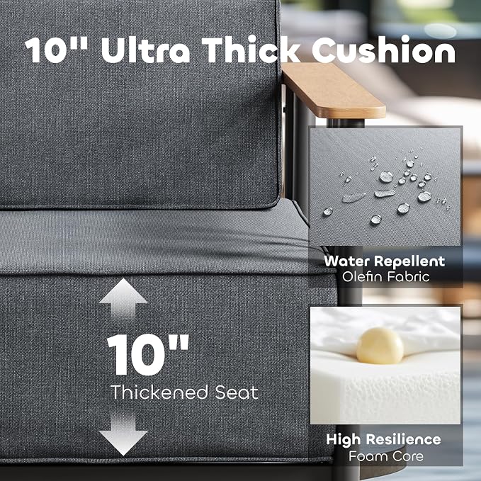 Luxury Patio Chairs Set of 2 with 10" Extra Thick Cushions, Outdoor Furniture with Rustproof Metal Frame and Olefin Fabric, Outdoor Patio Chairs for Porch, Balcony, Deck, Yard, Black/Grey