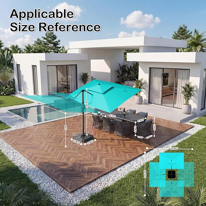 9x12 FT Patio Umbrella with Weighted Base and LED Lights Cantilever Outdoor Large Heavy Duty Rectangle Aluminum Offset Umbrellas Double Top 360 Rotation for Pool Deck Garden, Turquoise