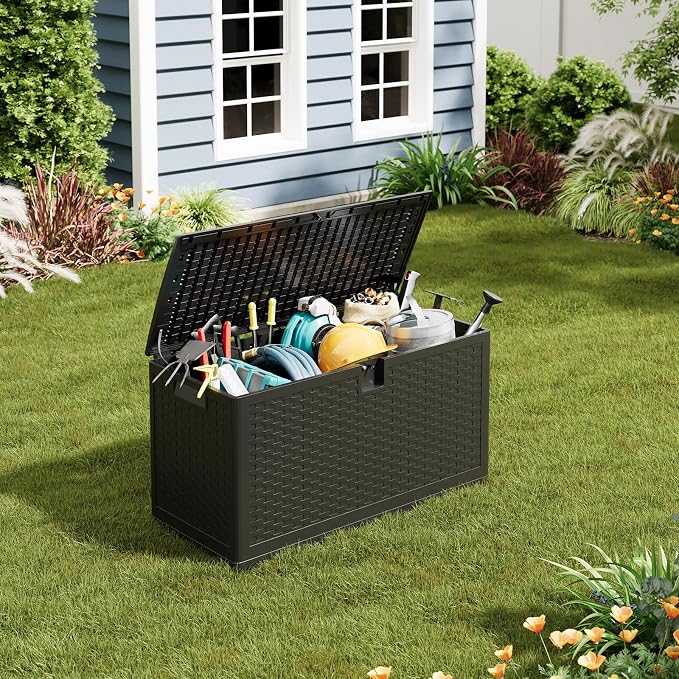Garvee Outdoor Storage Box, 73 gal Large Waterproof Resin Deck Box Indoor Outdoor Use, Lockable UV Resistant Storage Bin for Patio, Garden, Cushions, Tools, Equipment, Black