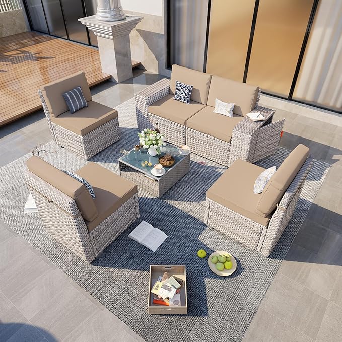6-Piece Patio Furniture Set, Outdoor Extra Wide Armrest Modular Patio Sofa, Dual-Strand Rattan Wicker, Rust-Resistant Frame, Backyard High Back, Large Seat Furniture for Porch Garden Balcony, Khaki