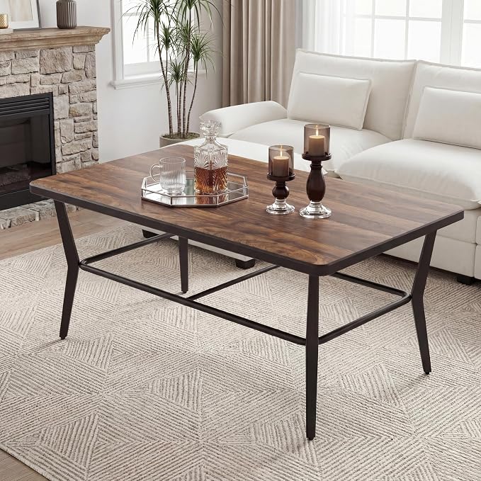 ALAULM Outdoor Coffee Table, 47" Rectangle Metal Patio Coffee Table with DPC Stone-Plastic Top, All-Weather Coffee Table for Patio, Garden, Balcony, Poolside
