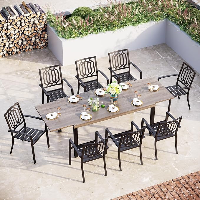 Sophia & William Patio Table and Chairs Set, Outdoor Dining Set for 8, 9 Piece Metal Patio Furniture, 99" Expandable Rectangular Table with Wood-Like Tabletop(Geometry)