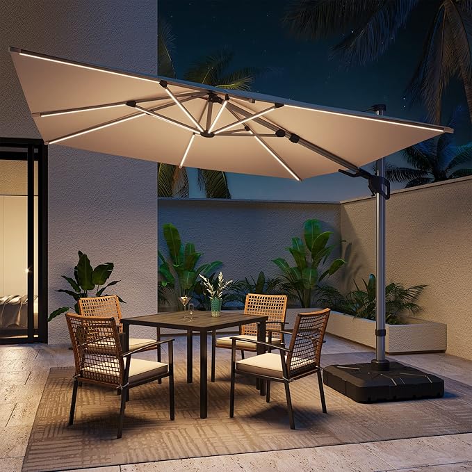 LAUSAINT HOME 10FT Square Cantilever Patio Umbrella with Solar Lights, Windproof Heavy Duty Offset Outdoor Umbrella for Backyard, Pool, Garden & Deck,Khaki