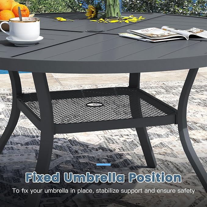 DIFY 5 Piece Outdoor Dining Set, 40" Round Metal Dining Table and Textilene Stackable Patio Chairs, Patio Table and Chairs Set for 4 with Umbrella Hole for Backyard Garden Deck, Grey