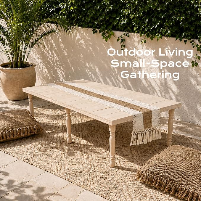 Boho Folding Picnic Table, 60" x 30" Low Wooden Table | Includes Table Runner & Non-Slip Pads, Portable Indoor/Outdoor Table for Camping, Beach, Garden, Wedding & Parties, Seats 6-8
