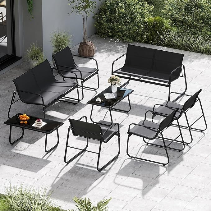 Tangkula 8 Piece Patio Furniture Set, Outdoor Metal Conversation Chair & Coffee Table Set with Mesh Seat Fabric & Tempered Glass Tabletop, Outside Bistro Set for Backyard, Porch, Poolside (Black)
