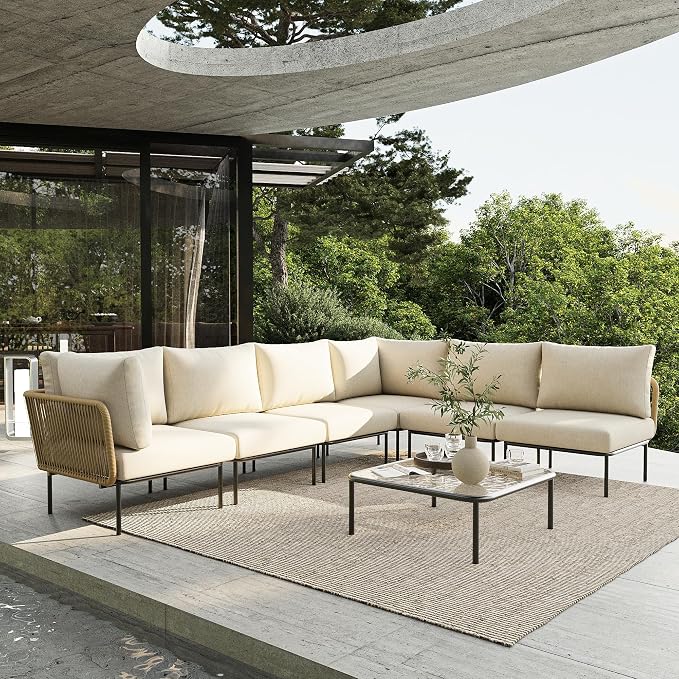 7 Piece Modern Outdoor Rope Wicker Sectional Patio L-Shaped Conversation Sofa Set Deep Seating with Thick Cushions