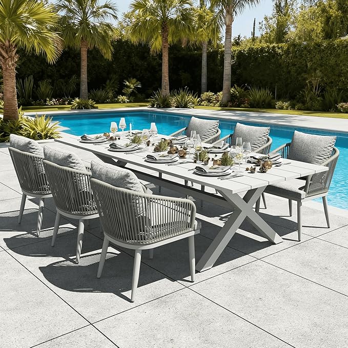 LayinSun 7 Pieces Outdoor Patio Dining Set, Aluminium Rectangular Dining Table and Wicker Rattan Chairs Set for Outside Backyard, Poolside