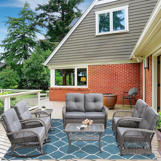 7-Piece Wicker Patio Furniture Sets Outdoor All-Weather Rattan Conversation Set Includes Glider Loveseat, 2 Glass-Top Coffee Tables, 2 Glider-Rocker Chairs for Porch Backyard, Gray
