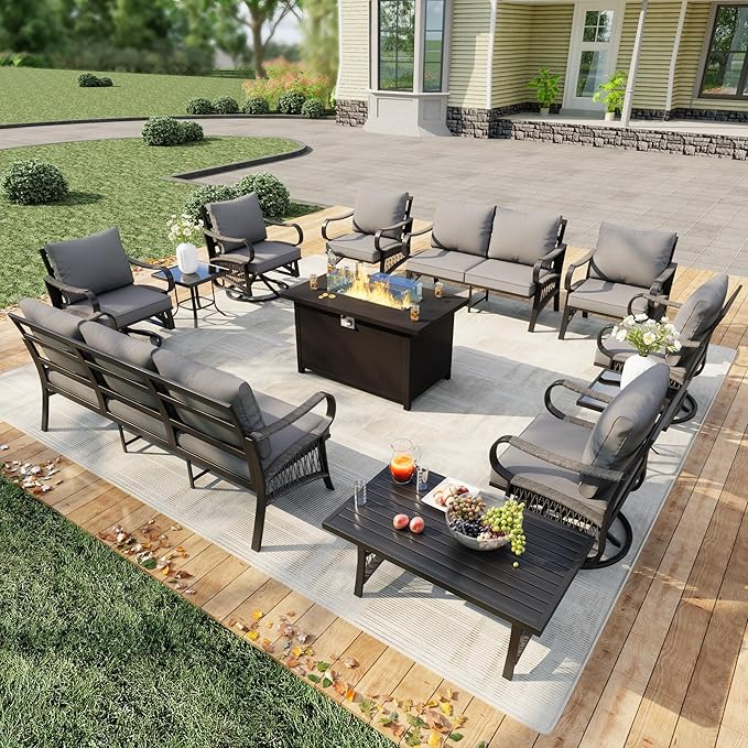 12 Pieces Patio Conversation Sets, All Weather Metal Outdoor Furniture Set 3-Seater 4 Swivel Rockers with 2 Side Tables 2 Single Chairs 1 Loveseat with Coffee Table and Fire Pit Table, Gray