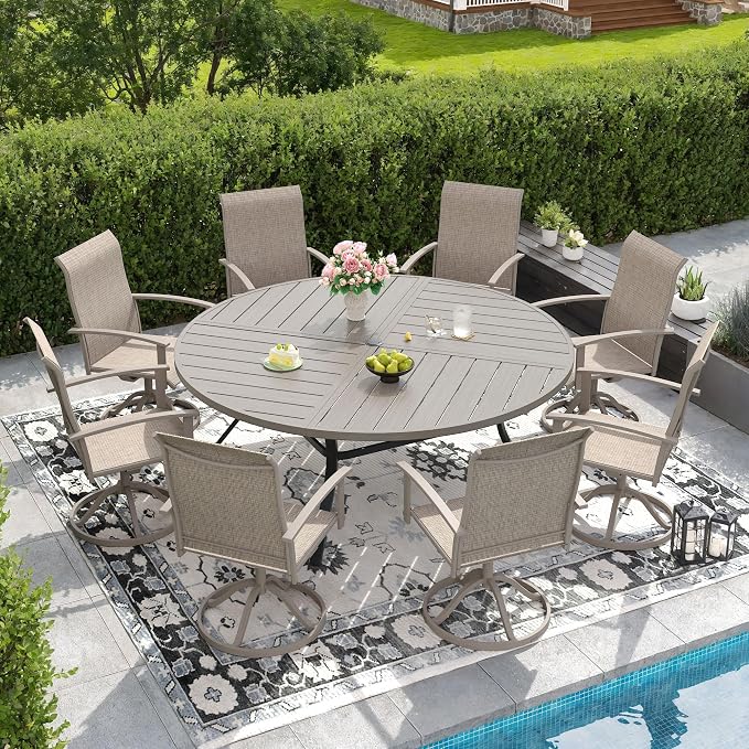 DIFY 9 Pieces Outdoor Dining Set, Metal Patio Table and Chairs Set for 8 with Umbrella Hole, 63" Grey Wood-Like Round Table and Sandshell Textilene Swivel Patio Chairs for Garden, Backyard, Poolside