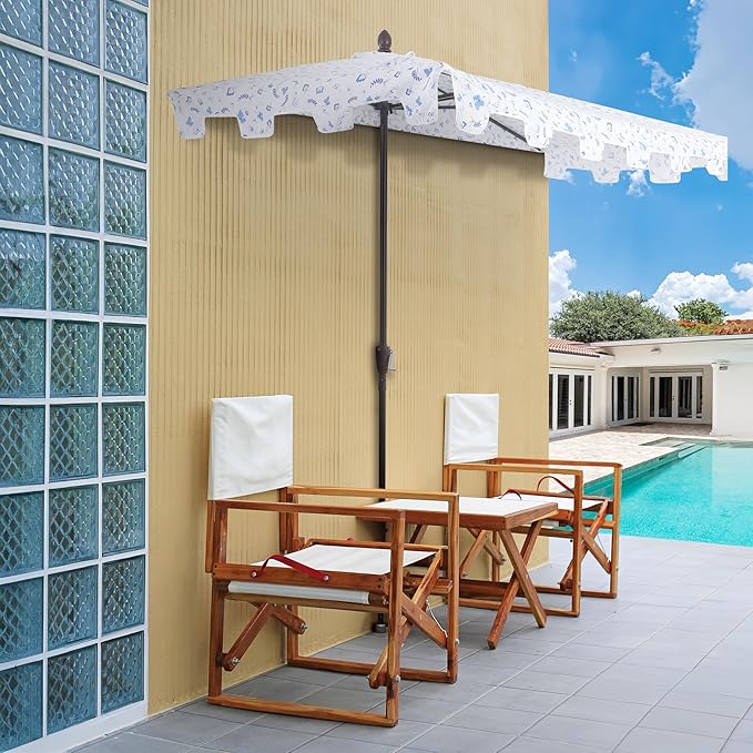 JONATHAN Y Sidney Coastal 9 ft. Blue/White Chinoiserie Half Umbrella for Outdoor Patio, Space-Saving Rectangular Wall Sun Shade with Crank Lift, UV Protection for Balcony, Deck, Dark Brown Pole UMB1200F