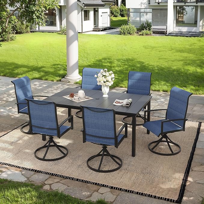 VICLLAX 7 Pieces Outdoor Dining Set, Patio Furniture Set Includes 63" Rectangular Metal Table W/ 1.9" Umbrella Hole and 6 Padded Textilene Swivel Chairs for Porch, Lawn, Garden, Backyard