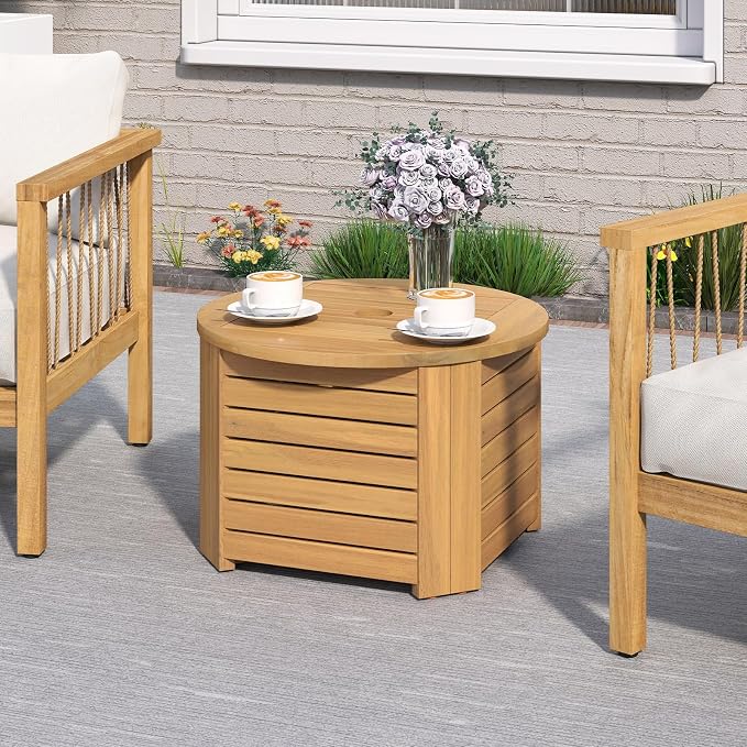 HAPPYGRILL Outdoor Side Table with Umbrella Hole, Acacia Wood End Table with Storage, Removable Base, Patio Storage Box for Backyard, Balcony, Poolside (Octagonal)