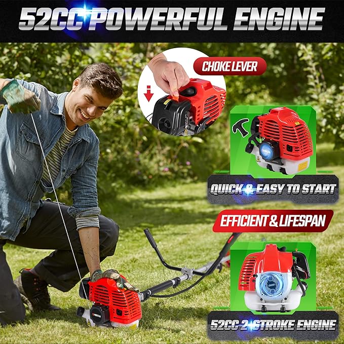 3-in-1 52cc 2-Cycle Weed Wacker Gas Powered, 18" Cutting Path Gas String Trimmer/Edger, 10" 3T/40T Gas Brush Cutter with Shoulder Strap, Powerful Weed Eater Grass Trimmer for Lawn Care