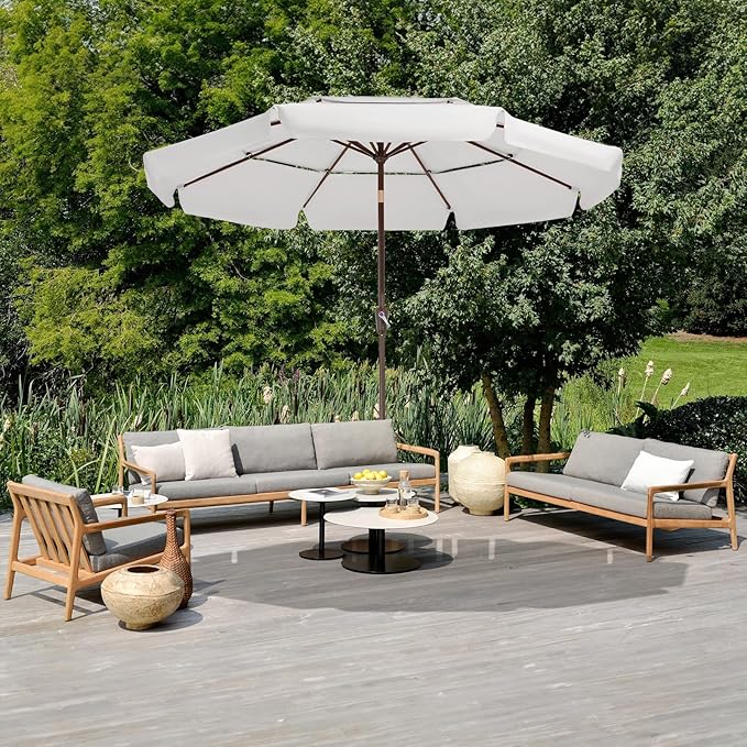 JEAREY 3 Tiers 9 FT Patio Umbrellas Outdoor Table Umbrella with Push Button Market Umbrella 8 Sturdy Ribs UV Protection Waterproof for Garden,Off-white