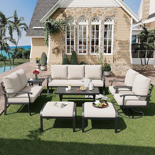 HOMREST Outdoor Furniture Thickened Cushion 360 Degree Swivel Rocking Patio Chairs with Ottomans and 3-Seat Sofa, Loveseat, Coffee Side Table, 8 PCS Metal Conversation Set for Garden, Deck, Poolside