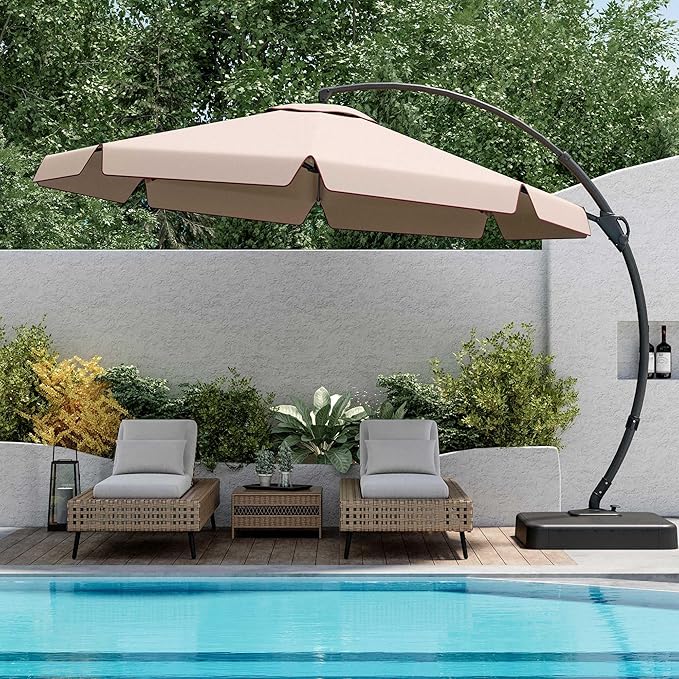 EO Living 11FT Cantilever Patio Umbrella with Base, 360° Rotation Offset Outdoor Umbrella, Heavy Duty Rust-Resistant, UV Protection Waterproof Shade for Backyard, Pool, Garden, Deck (Beige)