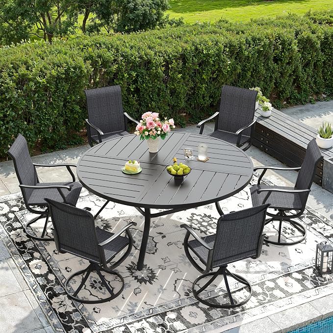 DIFY Patio Table and Chairs Set for 6, 7 Piece Outdoor Dining Set, 53.1" Black Round Metal Dining Table with Umbrella Hole and 6 Dark Grey Textilene Swivel Patio Chairs, for Garden Backyard Deck
