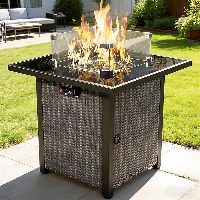 28" Square Fire Pit Table, Outdoor Propane Gas Firepit with Lid & Glass Wind Guard, 50,000 BTU, CSA Listed, Brown Wicker Rattan for Patio, Garden, Backyard, Deck